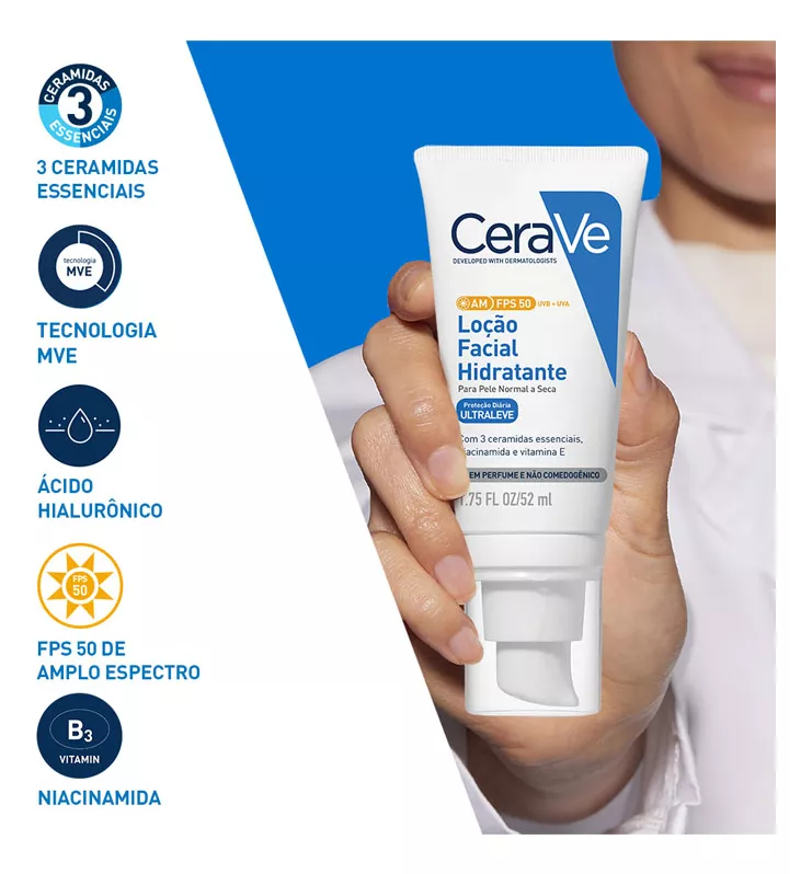 Imagem 4 de 9 de Loção Facial Hidratante Am Fps 50 Para Pele Normal A Seca 52ml Cerave