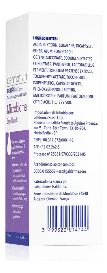 Imagem 5 de 8 de Creme Hidratante Facial Benzac Microbioma 50ml Dermotivin Momento de aplicação Dia/Noite Tipo de pele Oleosa