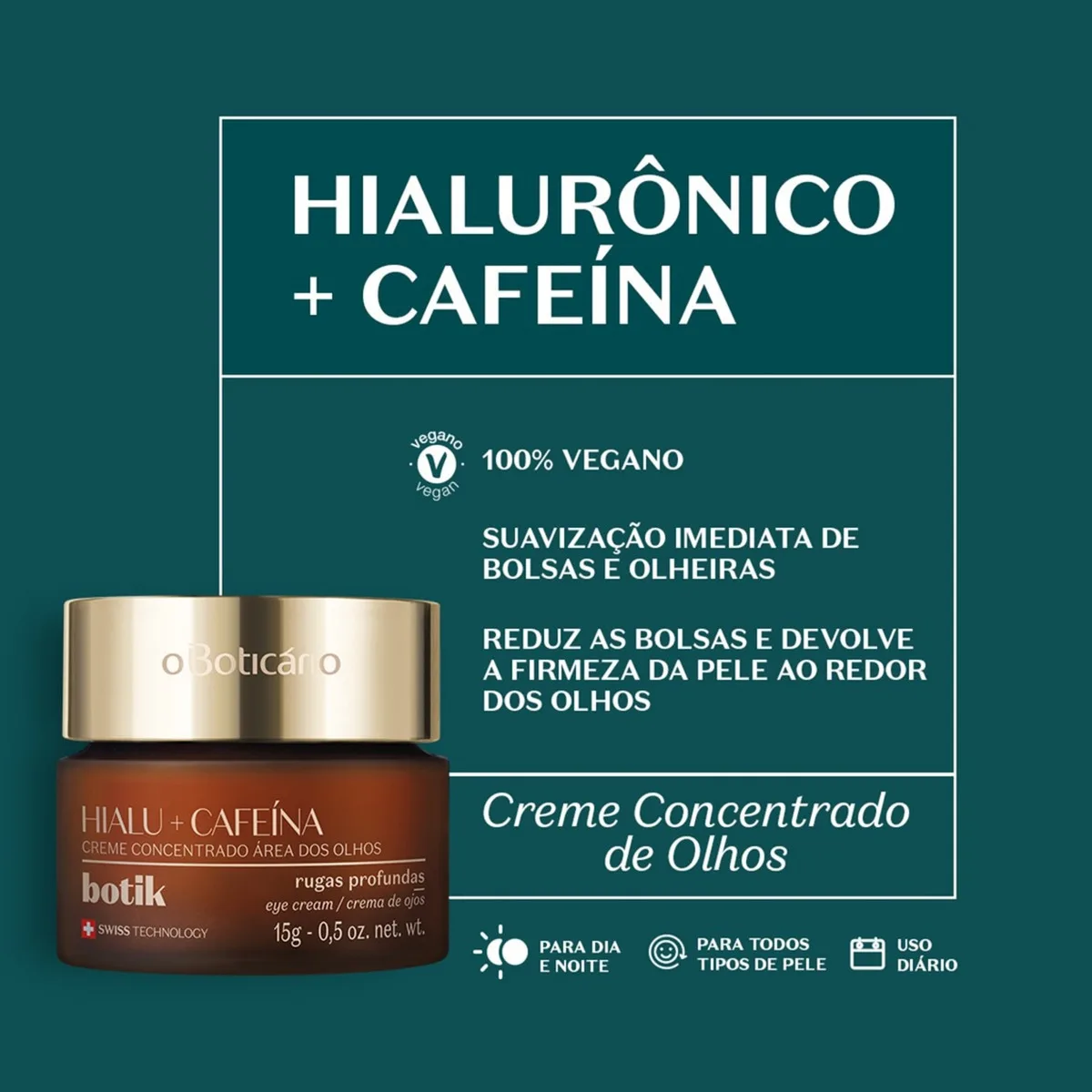 Creme Concentrado Para Olhos Ácido Hialurônico E Cafeína 15g Todo Tipo De Pele